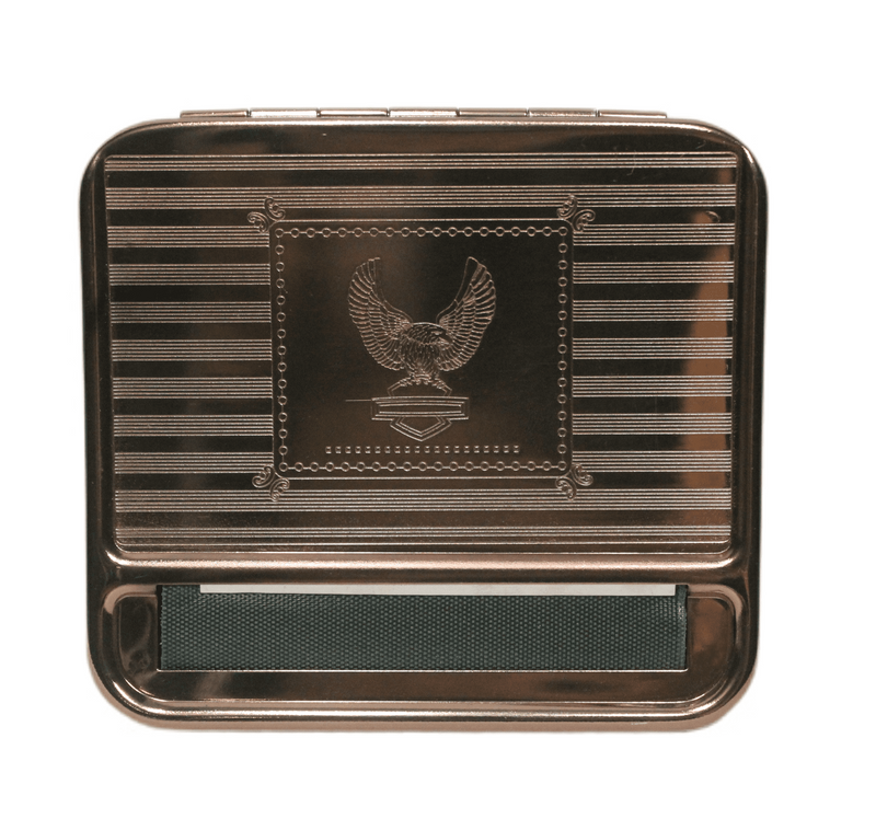 Brown Metal Cigarettes Case with Rolling Machine - 3.5"x3.2" - 12 Pack