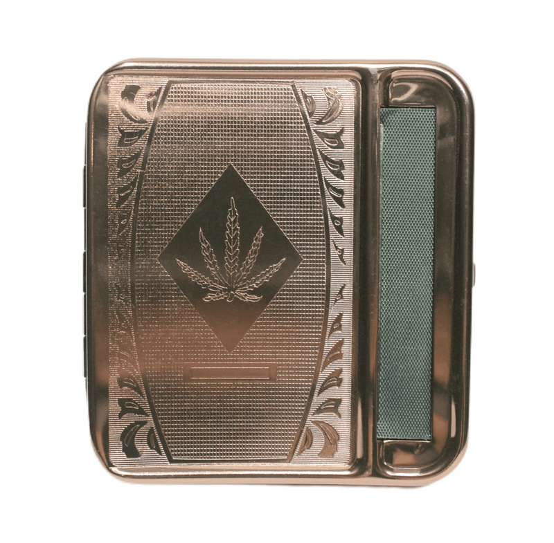 Brown Metal Cigarettes Case with Rolling Machine - 3.5"x3.2" - 12 Pack