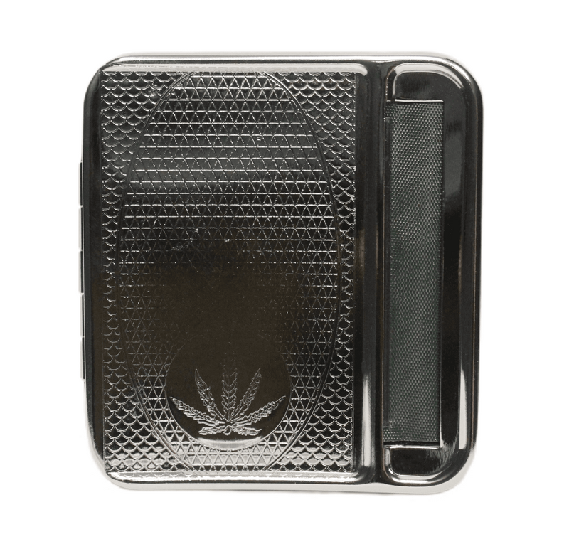 Silver Metal Cigarettes Case with Rolling Machine - 3.5"x3.2" - 12 Pack