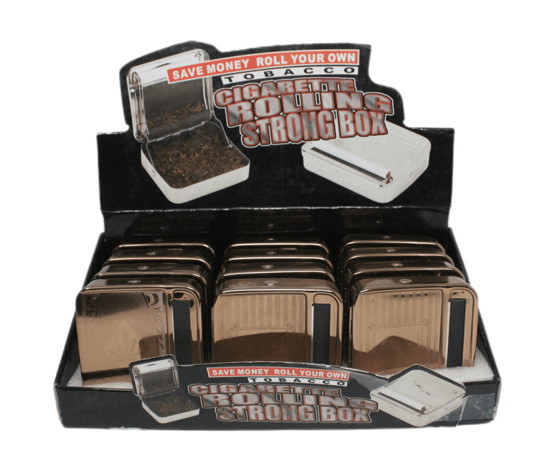 Brown Metal Cigarettes Case with Rolling Machine - 3.5"x3.2" - 12 Pack